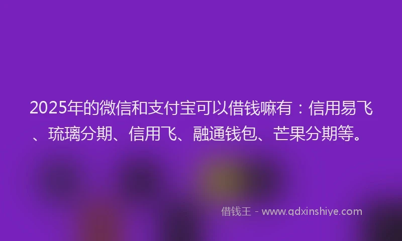 2025年的微信和支付宝可以借钱嘛有：信用易飞、琉璃分期、信用飞、融通钱包、芒果分期等。