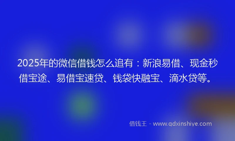 2025年的微信借钱怎么追有：新浪易借、现金秒借宝途、易借宝速贷、钱袋快融宝、滴水贷等。