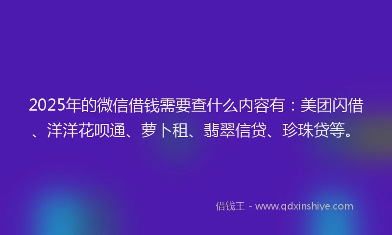 2025年的微信借钱需要查什么内容有：美团闪借、洋洋花呗通、萝卜租、翡翠信贷、珍珠贷等。