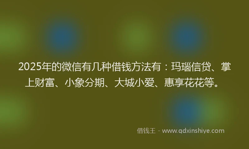 2025年的微信有几种借钱方法有：玛瑙信贷、掌上财富、小象分期、大城小爱、惠享花花等。