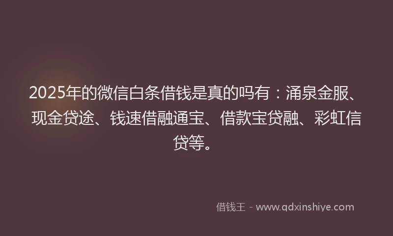 2025年的微信白条借钱是真的吗有：涌泉金服、现金贷途、钱速借融通宝、借款宝贷融、彩虹信贷等。