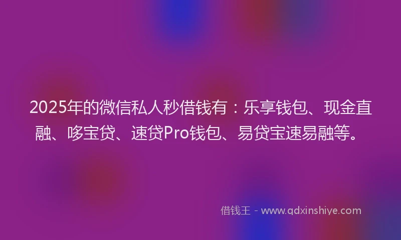 2025年的微信私人秒借钱有：乐享钱包、现金直融、哆宝贷、速贷Pro钱包、易贷宝速易融等。