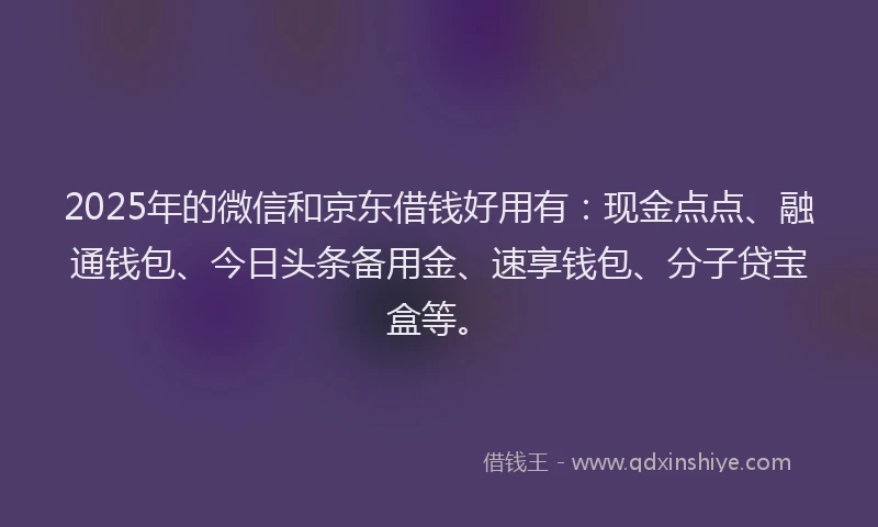 2025年的微信和京东借钱好用有：现金点点、融通钱包、今日头条备用金、速享钱包、分子贷宝盒等。