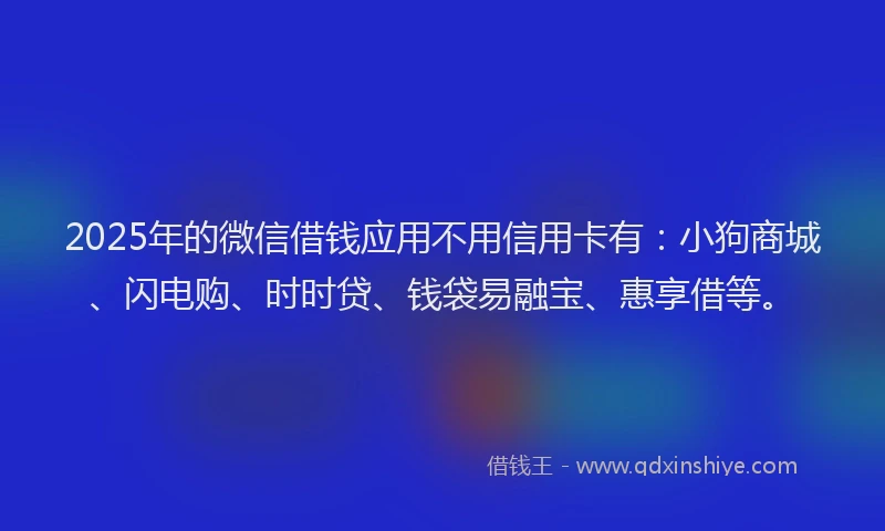 2025年的微信借钱应用不用信用卡有：小狗商城、闪电购、时时贷、钱袋易融宝、惠享借等。