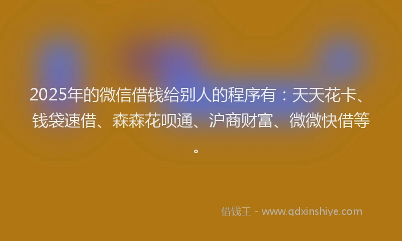 2025年的微信借钱给别人的程序有：天天花卡、钱袋速借、森森花呗通、沪商财富、微微快借等。