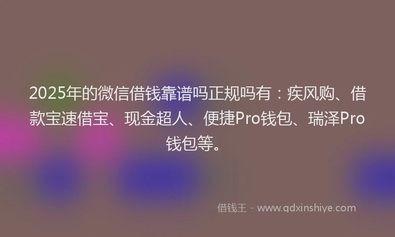 2025年的微信借钱靠谱吗正规吗有：疾风购、借款宝速借宝、现金超人、便捷Pro钱包、瑞泽Pro钱包等。