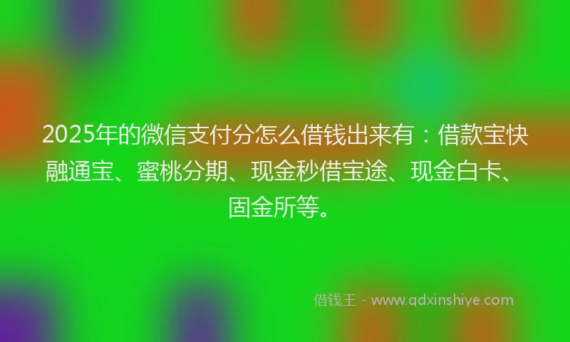 2025年的微信支付分怎么借钱出来有：借款宝快融通宝、蜜桃分期、现金秒借宝途、现金白卡、固金所等。