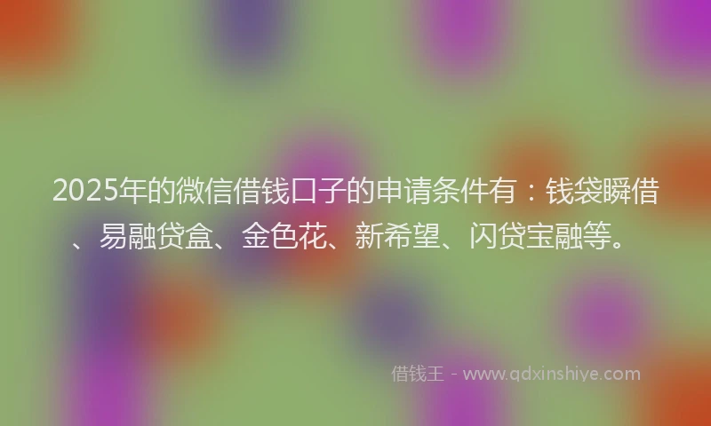 2025年的微信借钱口子的申请条件有：钱袋瞬借、易融贷盒、金色花、新希望、闪贷宝融等。