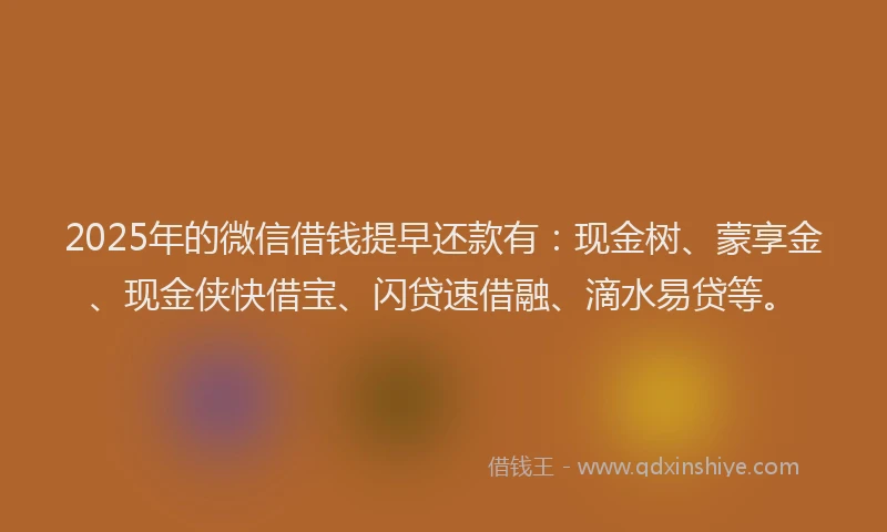 2025年的微信借钱提早还款有：现金树、蒙享金、现金侠快借宝、闪贷速借融、滴水易贷等。