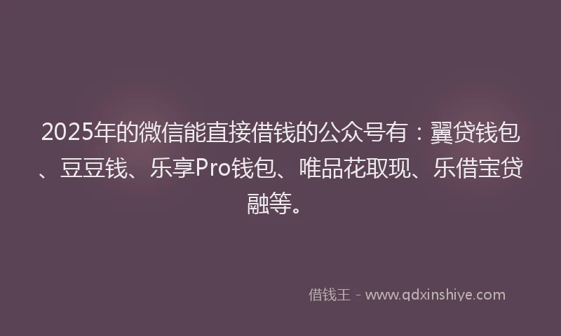 2025年的微信能直接借钱的公众号有：翼贷钱包、豆豆钱、乐享Pro钱包、唯品花取现、乐借宝贷融等。