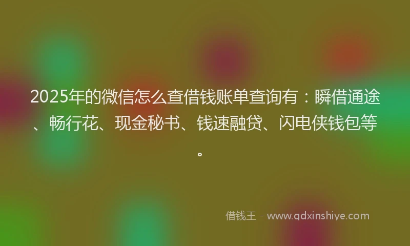 2025年的微信怎么查借钱账单查询有：瞬借通途、畅行花、现金秘书、钱速融贷、闪电侠钱包等。