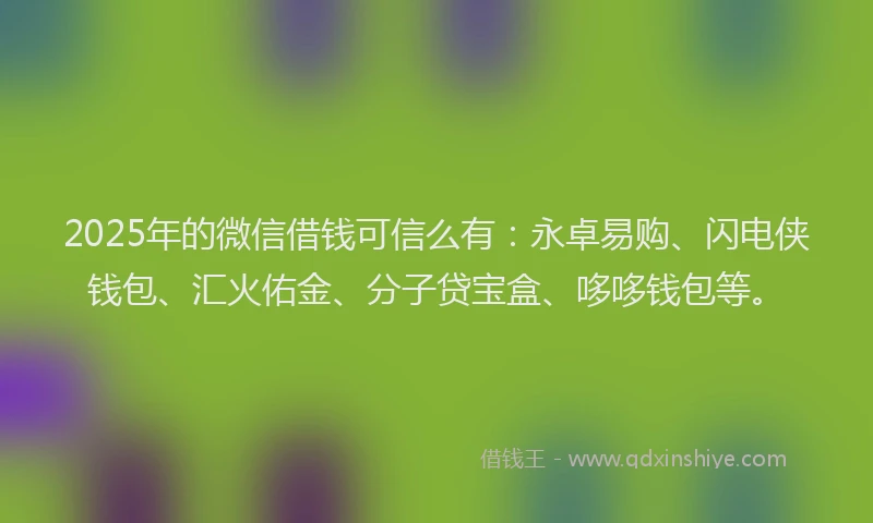 2025年的微信借钱可信么有：永卓易购、闪电侠钱包、汇火佑金、分子贷宝盒、哆哆钱包等。