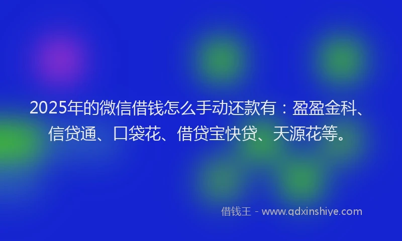 2025年的微信借钱怎么手动还款有：盈盈金科、信贷通、口袋花、借贷宝快贷、天源花等。