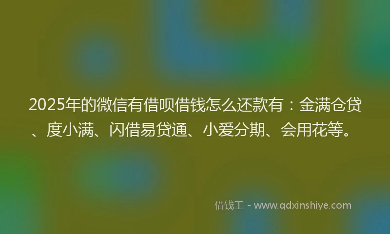 2025年的微信有借呗借钱怎么还款有：金满仓贷、度小满、闪借易贷通、小爱分期、会用花等。