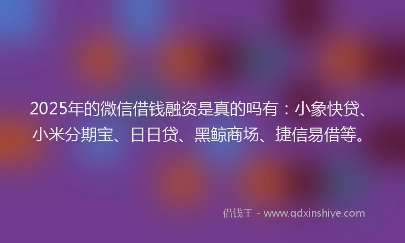 2025年的微信借钱融资是真的吗有：小象快贷、小米分期宝、日日贷、黑鲸商场、捷信易借等。