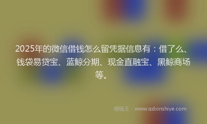 2025年的微信借钱怎么留凭据信息有：借了么、钱袋易贷宝、蓝鲸分期、现金直融宝、黑鲸商场等。