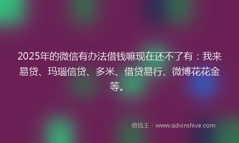 2025年的微信有办法借钱嘛现在还不了有：我来易贷、玛瑙信贷、多米、借贷易行、微博花花金等。