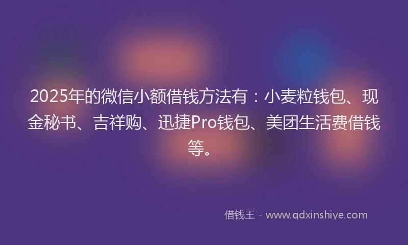 2025年的微信小额借钱方法有：小麦粒钱包、现金秘书、吉祥购、迅捷Pro钱包、美团生活费借钱等。
