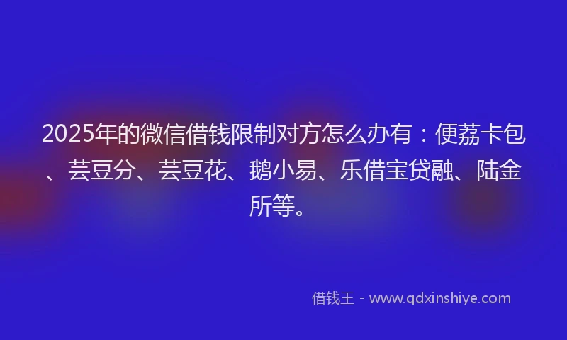 2025年的微信借钱限制对方怎么办有：便荔卡包、芸豆分、芸豆花、鹅小易、乐借宝贷融、陆金所等。