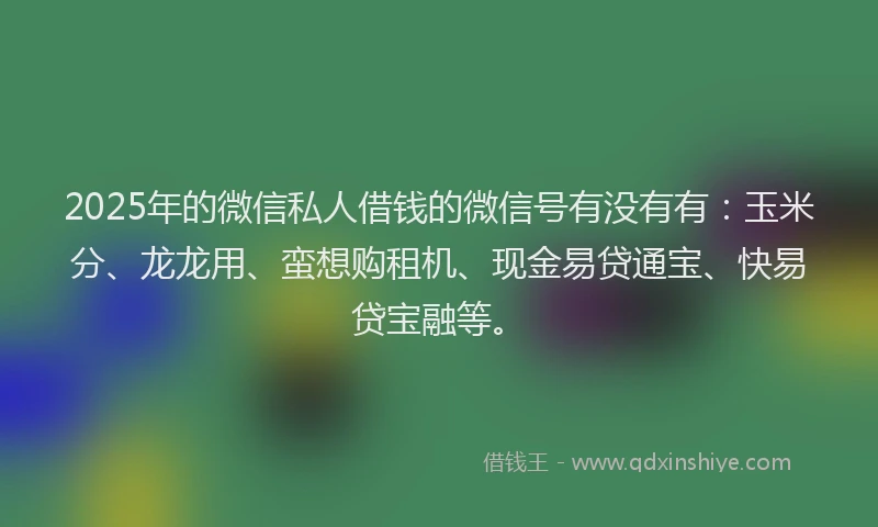 2025年的微信私人借钱的微信号有没有有：玉米分、龙龙用、蛮想购租机、现金易贷通宝、快易贷宝融等。