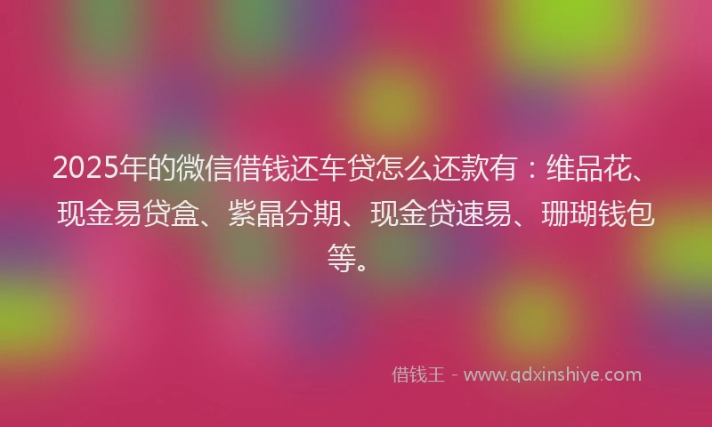 2025年的微信借钱还车贷怎么还款有：维品花、现金易贷盒、紫晶分期、现金贷速易、珊瑚钱包等。