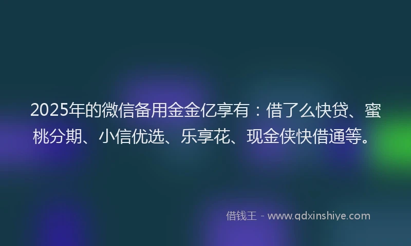 2025年的微信备用金金亿享有：借了么快贷、蜜桃分期、小信优选、乐享花、现金侠快借通等。