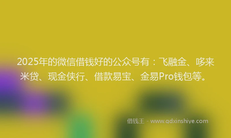 2025年的微信借钱好的公众号有：飞融金、哆来米贷、现金侠行、借款易宝、金易Pro钱包等。