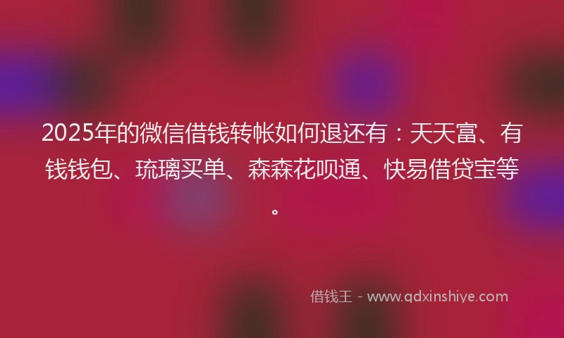 2025年的微信借钱转帐如何退还有：天天富、有钱钱包、琉璃买单、森森花呗通、快易借贷宝等。