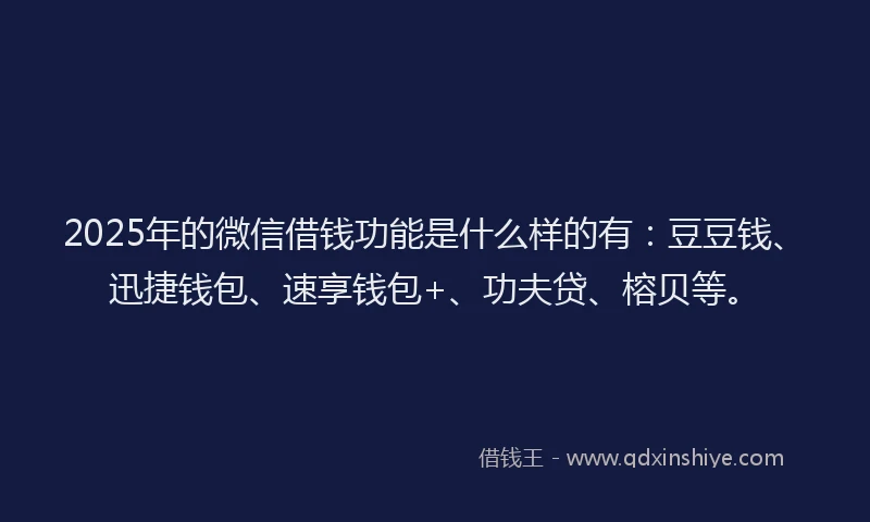 2025年的微信借钱功能是什么样的有：豆豆钱、迅捷钱包、速享钱包+、功夫贷、榕贝等。