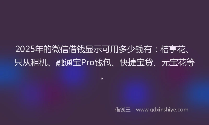 2025年的微信借钱显示可用多少钱有：桔享花、只从租机、融通宝Pro钱包、快捷宝贷、元宝花等。