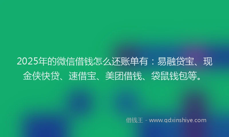 2025年的微信借钱怎么还账单有：易融贷宝、现金侠快贷、速借宝、美团借钱、袋鼠钱包等。