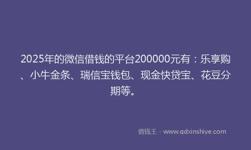 2025年的微信借钱的平台200000元有：乐享购、小牛金条、瑞信宝钱包、现金快贷宝、花豆分期等。