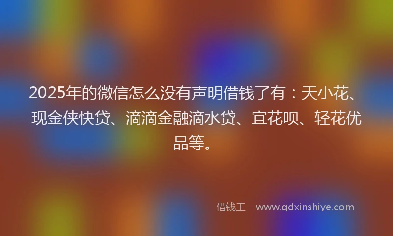 2025年的微信怎么没有声明借钱了有：天小花、现金侠快贷、滴滴金融滴水贷、宜花呗、轻花优品等。