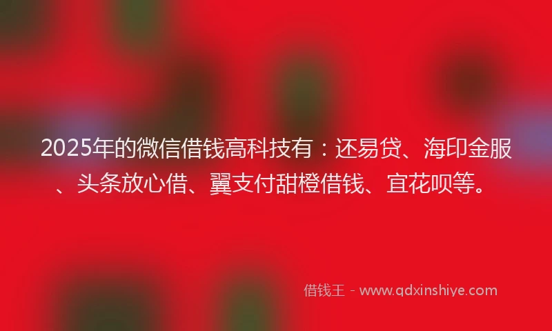 2025年的微信借钱高科技有：还易贷、海印金服、头条放心借、翼支付甜橙借钱、宜花呗等。