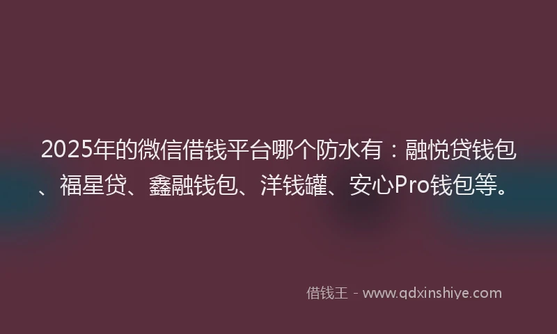 2025年的微信借钱平台哪个防水有:融悦贷钱包、福星贷、鑫融钱包、洋钱罐、安心Pro钱包等。
