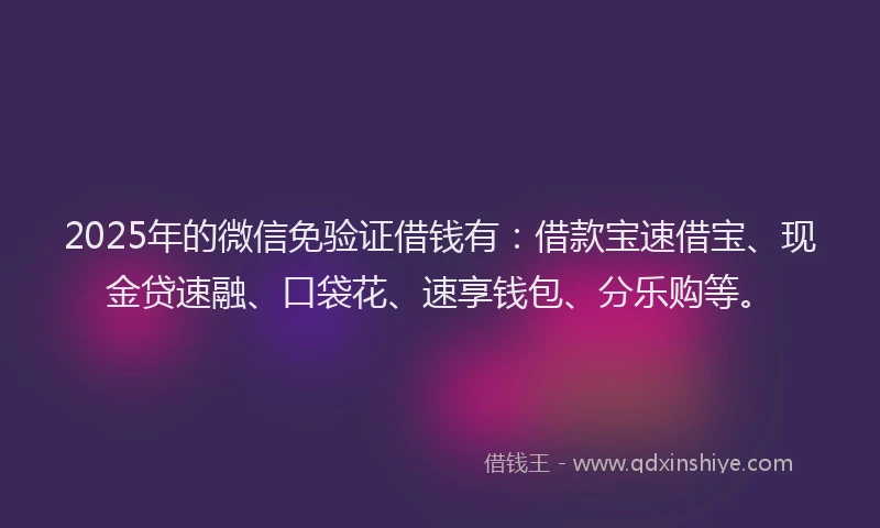 2025年的微信免验证借钱有：借款宝速借宝、现金贷速融、口袋花、速享钱包、分乐购等。