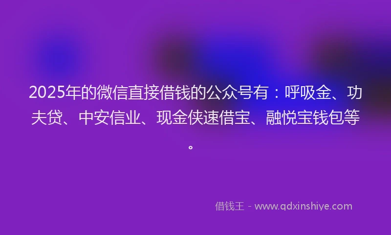 2025年的微信直接借钱的公众号有：呼吸金、功夫贷、中安信业、现金侠速借宝、融悦宝钱包等。