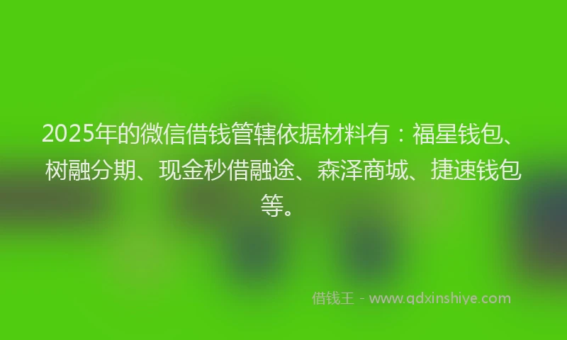 2025年的微信借钱管辖依据材料有：福星钱包、树融分期、现金秒借融途、森泽商城、捷速钱包等。