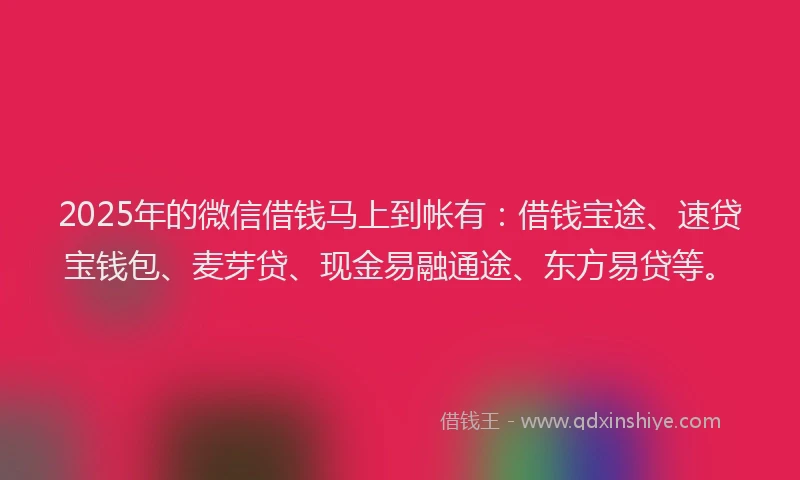 2025年的微信借钱马上到帐有：借钱宝途、速贷宝钱包、麦芽贷、现金易融通途、东方易贷等。
