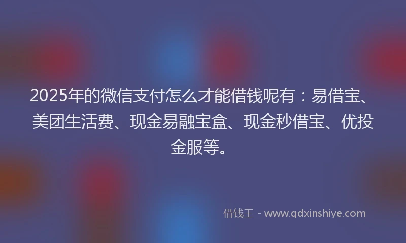 2025年的微信支付怎么才能借钱呢有：易借宝、美团生活费、现金易融宝盒、现金秒借宝、优投金服等。