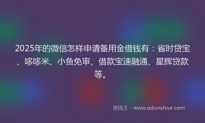 2025年的微信怎样申请备用金借钱有：省时贷宝、哆哆米、小鱼免审、借款宝速融通、星辉贷款等。