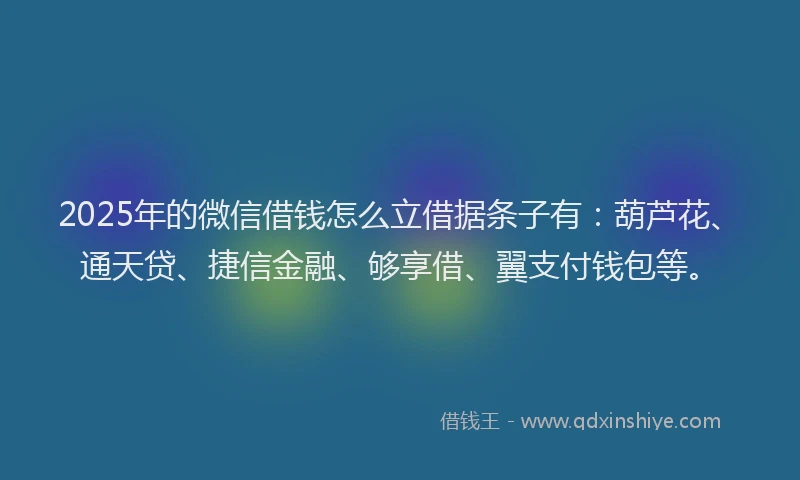 2025年的微信借钱怎么立借据条子有：葫芦花、通天贷、捷信金融、够享借、翼支付钱包等。