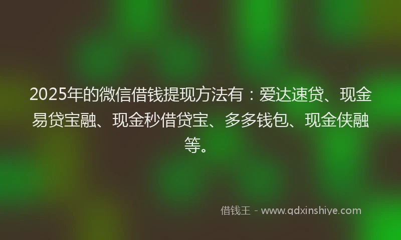 2025年的微信借钱提现方法有：爱达速贷、现金易贷宝融、现金秒借贷宝、多多钱包、现金侠融等。