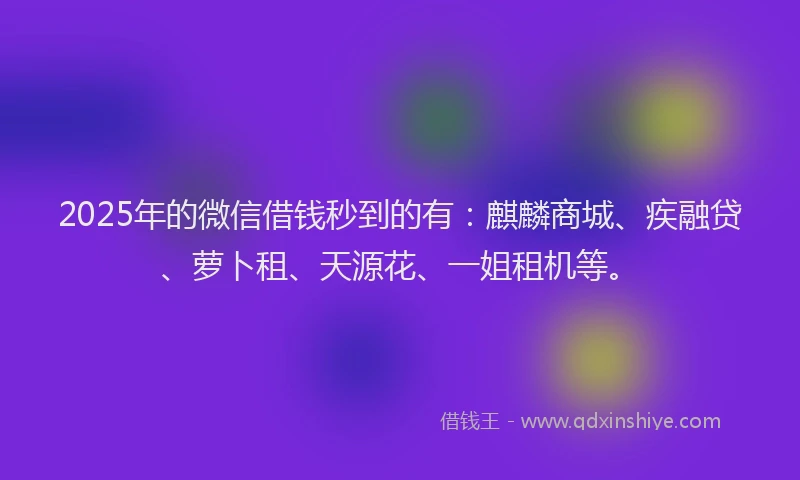 2025年的微信借钱秒到的有：麒麟商城、疾融贷、萝卜租、天源花、一姐租机等。