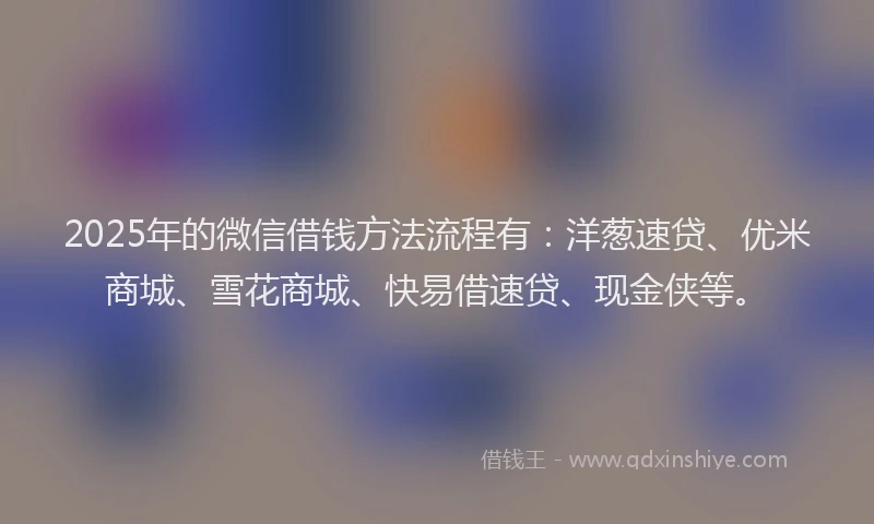 2025年的微信借钱方法流程有：洋葱速贷、优米商城、雪花商城、快易借速贷、现金侠等。