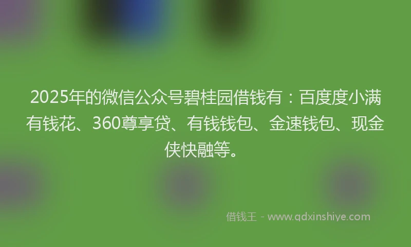2025年的微信公众号碧桂园借钱有：百度度小满有钱花、360尊享贷、有钱钱包、金速钱包、现金侠快融等。