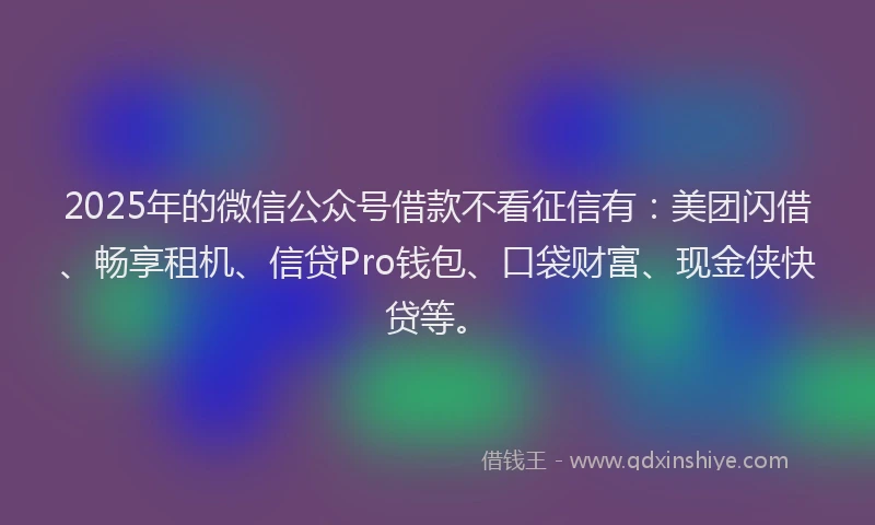 2025年的微信公众号借款不看征信有：美团闪借、畅享租机、信贷Pro钱包、口袋财富、现金侠快贷等。