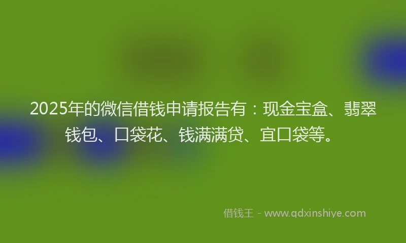 2025年的微信借钱申请报告有：现金宝盒、翡翠钱包、口袋花、钱满满贷、宜口袋等。