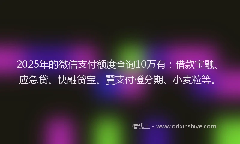 2025年的微信支付额度查询10万有：借款宝融、应急贷、快融贷宝、翼支付橙分期、小麦粒等。