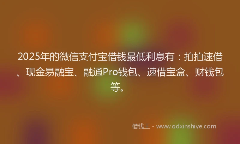 2025年的微信支付宝借钱最低利息有：拍拍速借、现金易融宝、融通Pro钱包、速借宝盒、财钱包等。
